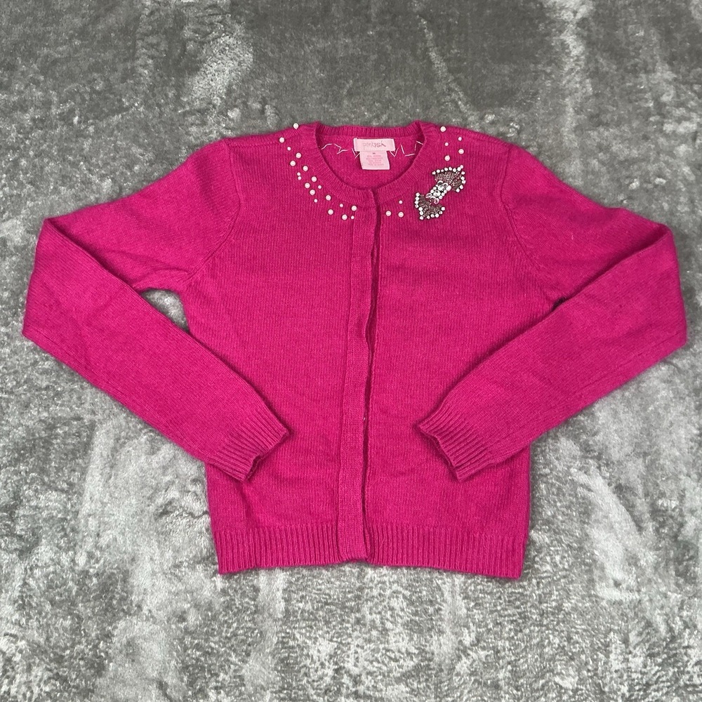 Vintage Women's Magenta Angora Cardigan Embellished W/ Pearls & Rhinestones M